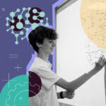 Student writing sums on a whiteboard